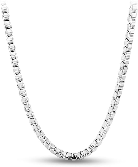 Solid 925 Sterling Silver 3mm Italian Square Box Chain Necklace with Lobster Clasp for Men & Women, 16" to 30" Length