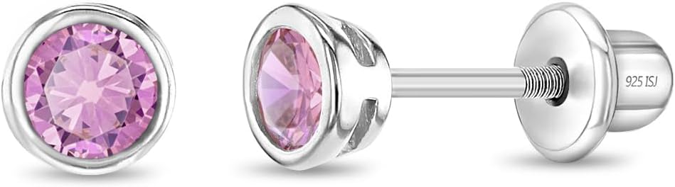 925 Sterling Silver 4mm Bezel Cubic Zirconia Toddler Girls Safety Screw Back Earrings - Locking Back Stud Earrings for Babies to Children - Lightweight and Hypoallergenic Safe for Kids