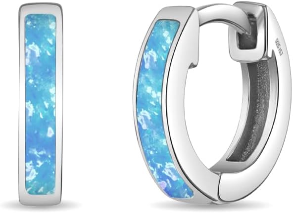 In Season Jewelry Simulated Opal Inlay Girls Hoop Earrings for Kids - 925 Sterling Silver Little Girl Hoop Earrings - Hypoallergenic & Comfortable with Secure Latch Closure