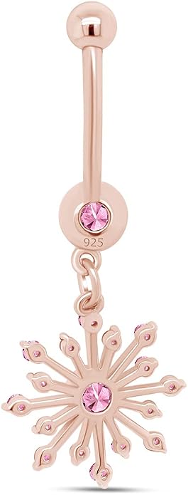 AFFY Snowflake Belly Button Ring for Women Simulated Birthstone, Round Cut Gemstone in 14K Gold Over 925 Sterling Silver, Navel Barbell Piercing Jewelry for Her