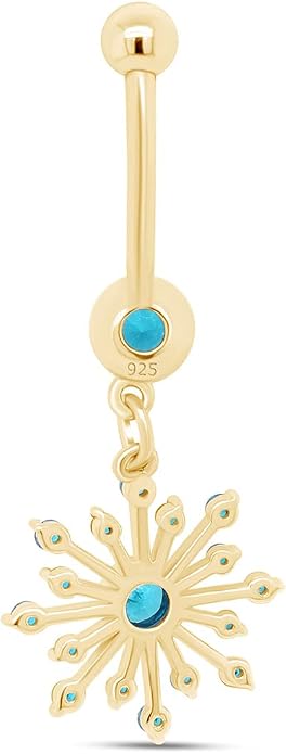 AFFY Snowflake Belly Button Ring for Women Simulated Birthstone, Round Cut Gemstone in 14K Gold Over 925 Sterling Silver, Navel Barbell Piercing Jewelry for Her