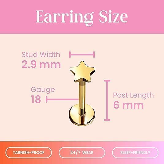 Cords Club Star Flat Back Stud – ASTM-F136 Implant Grade Titanium - Push Pin Design for Sensitive Ears (Single Earring)