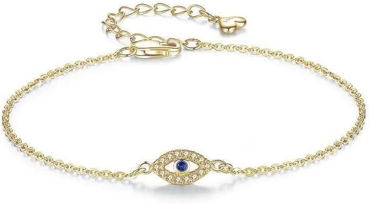 Evil Eye Bracelet, 925 Sterling Silver Adjustable Dainty Turkish Evil Eye AAA Cubic Zirconia Jewelry for Women