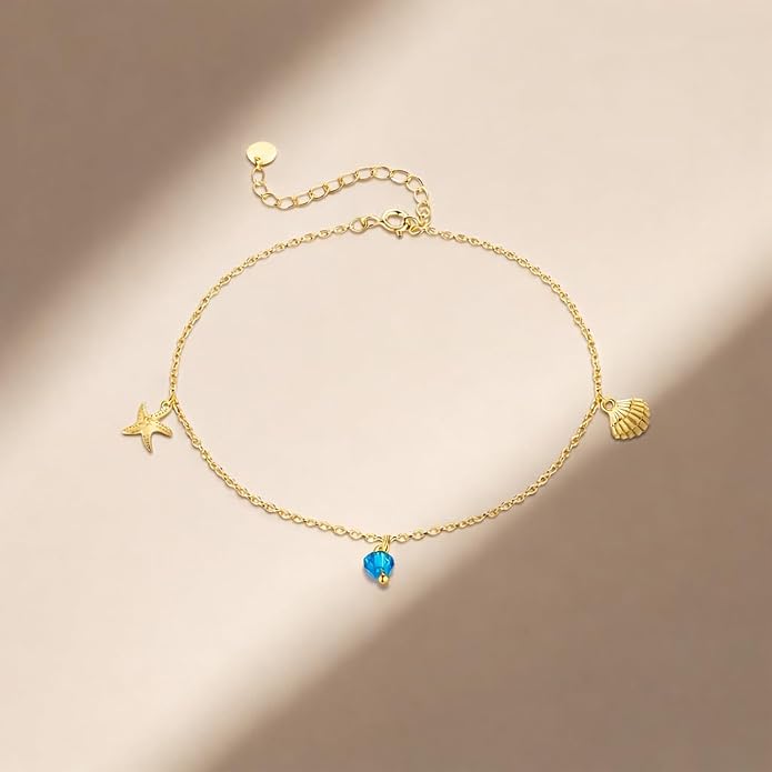 18K Gold Plated 925 Sterling Silver Ocean Anklet for Women, Dainty Starfish & Seashell Charm Beach Anklet Bracelet with Teal Blue Bead, Summer Foot Jewelry Gift