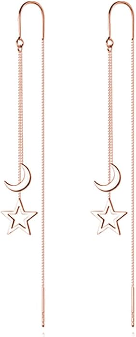 Reffeer Solid 925 Sterling Silver Moon Star Threader Dangle Earrings Chain for Women Teens Long Dangle Earrings Tassel Chain