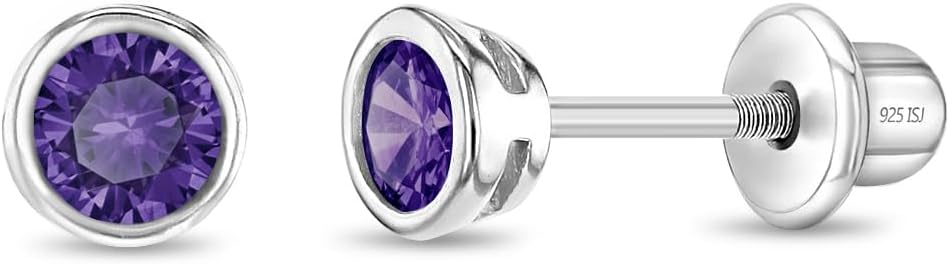 925 Sterling Silver 4mm Bezel Cubic Zirconia Toddler Girls Safety Screw Back Earrings - Locking Back Stud Earrings for Babies to Children - Lightweight and Hypoallergenic Safe for Kids
