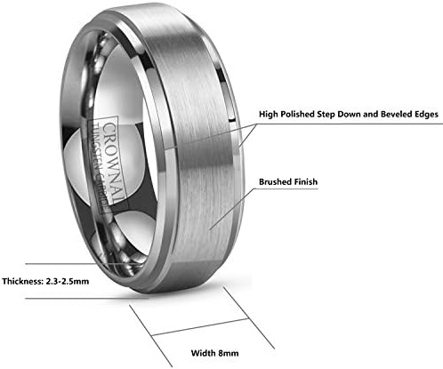 CROWNAL 6mm 8mm 10mm Tungsten Wedding Band Ring Men Women Polished Beveled Edge Matte Brushed Finish Center Silver/Rose Gold Tone Comfort Fit Size 5 to 17