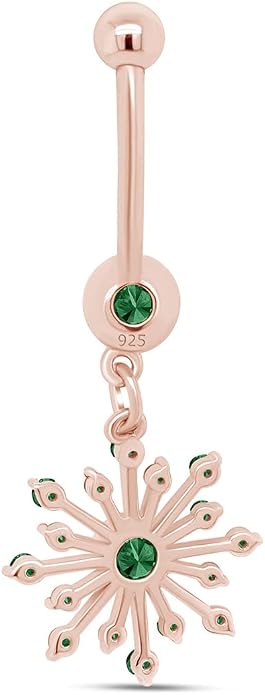 AFFY Snowflake Belly Button Ring for Women Simulated Birthstone, Round Cut Gemstone in 14K Gold Over 925 Sterling Silver, Navel Barbell Piercing Jewelry for Her