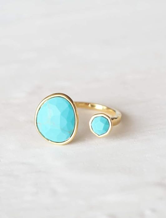 MJLULU Bold 14K Gold-Plated Statement Ring with Eye-Catching Simulated Blue Turquoise - Hypoallergenic & Lightweight, Exuding Boho Elegance - Simple Minimalist Jewelry
