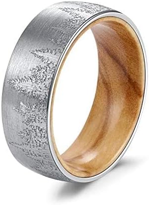 Forest Rings for Men 8 mm Black Plated Wedding Band with Wood Liner Comfort Fit