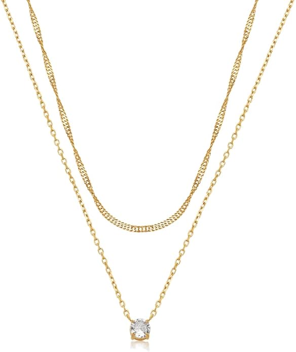 Galis Dainty Necklace - Silver, Gold Plated 18" Choker for Women with Dainty Small Round Faux Diamond Necklace Pendant, Necklaces Women with CZ Solitaire Lobster Clasp, Minimalist Gift