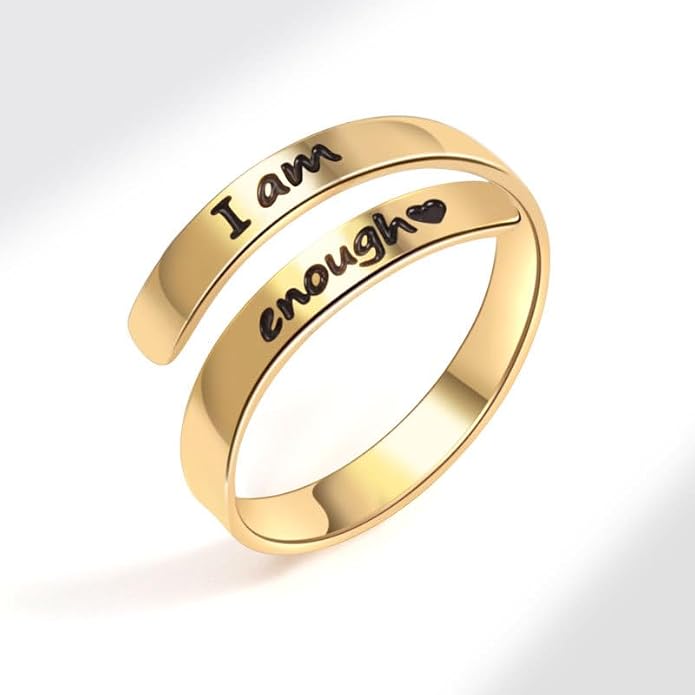 I Am Enough Ring For Women, Self Love Silver Open Band Gold Rings Card Engraved Motivation Stackable Inspirational Neighbor Bestie Friendship Jewelry