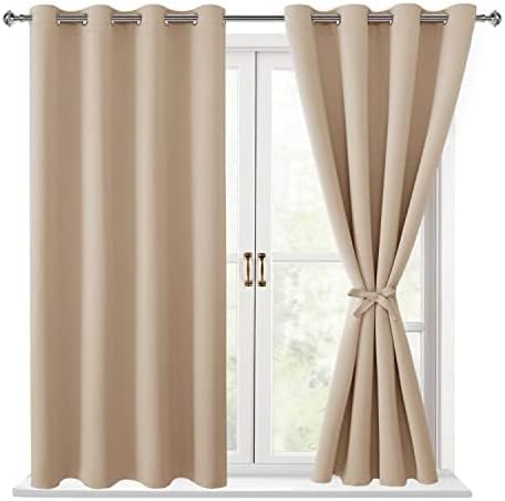 Hiasan Blackout Curtains for Bedroom, 52 x 54 Inches Long - Thermal Insulated & Energy Saving Window Curtains for Living Room, 2 Drape Panels Sewn with Tiebacks, Beige