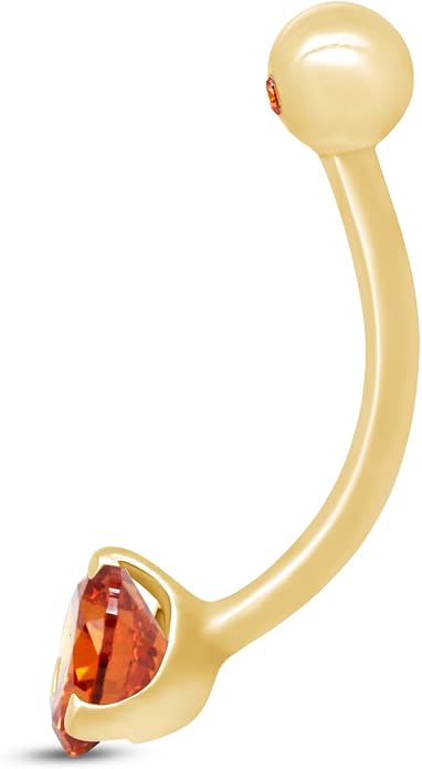 AFFY Internally Threaded Belly Button Navel Ring for Women, Three-Prong Round Simulated Birthstone in 14K Gold Over 925 Sterling Silver, Body Piercing Jewelry Gift