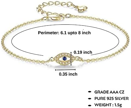 Evil Eye Bracelet, 925 Sterling Silver Adjustable Dainty Turkish Evil Eye AAA Cubic Zirconia Jewelry for Women