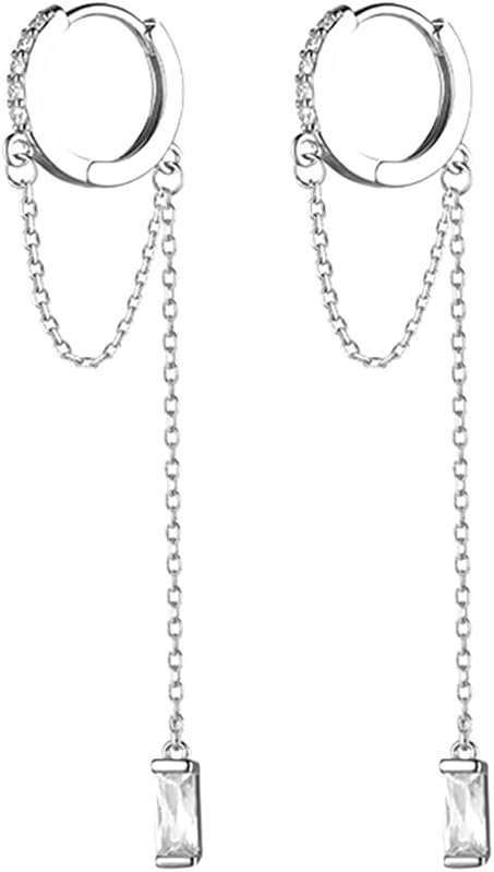 SLUYNZ Solid 925 Sterling Silver CZ Hoop Earrings Chain for Women Teens Hoop Earrings Tassel