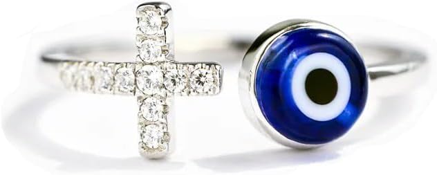 Adjustable Evil Eye Ring Silver Dainty Open Adjustable Rings Cross Evil Eye Jewelry for Women Energy Protection Ring