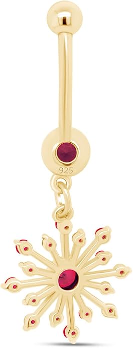 AFFY Snowflake Belly Button Ring for Women Simulated Birthstone, Round Cut Gemstone in 14K Gold Over 925 Sterling Silver, Navel Barbell Piercing Jewelry for Her