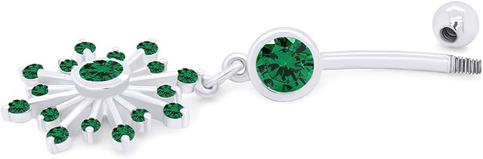 AFFY Snowflake Belly Button Ring for Women Simulated Birthstone, Round Cut Gemstone in 14K Gold Over 925 Sterling Silver, Navel Barbell Piercing Jewelry for Her