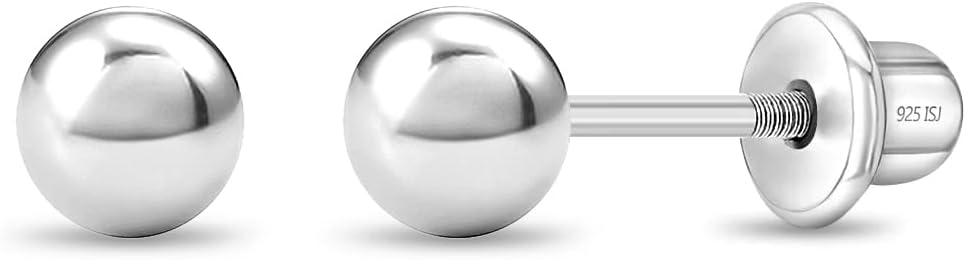 In Season Jewelry Classic Ball 925 Sterling Silver Earrings - Hypoallergenic Earrings for Girls with Safety Screw Backs - Safe & Comfortable for Toddlers, Kids & Little Girls