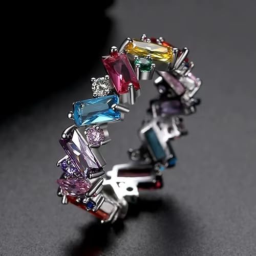 Cubic Zirconia Ring for Women, Emerald Cut Cubic Zirconia Eternity Ring, Fashion Wedding Band Style, Continuous Diamond Design