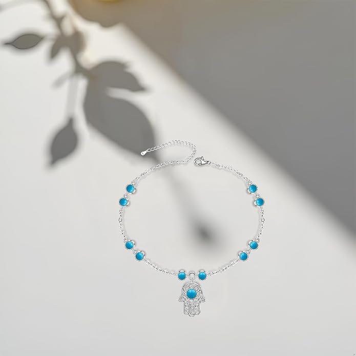 Anklets for Women S925 Sterling Silver Hand of Fatima Charm Dainty Evil Eye Hamsa Hand Anklet Adjustable Turquoise Jewelry Mothers Day Gifts for Mom