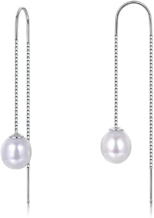 MOLAH 925 Sterling Silver Genuine Cultured Freshwater Pearl 8-8.5mm Threader Earrings Rhodium Plated