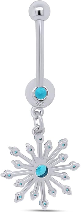 AFFY Snowflake Belly Button Ring for Women Simulated Birthstone, Round Cut Gemstone in 14K Gold Over 925 Sterling Silver, Navel Barbell Piercing Jewelry for Her