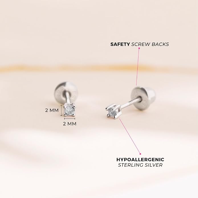 In Season Jewelry CZ Round-Shaped Kids Earrings - 925 Sterling Silver Hypoallergenic Earrings for Girls with Secure Screw Backs - Safe & Comfortable for Toddlers, Kids & Little Girls