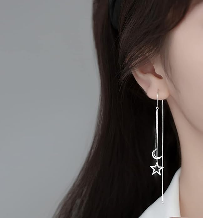 Reffeer Solid 925 Sterling Silver Moon Star Threader Dangle Earrings Chain for Women Teens Long Dangle Earrings Tassel Chain