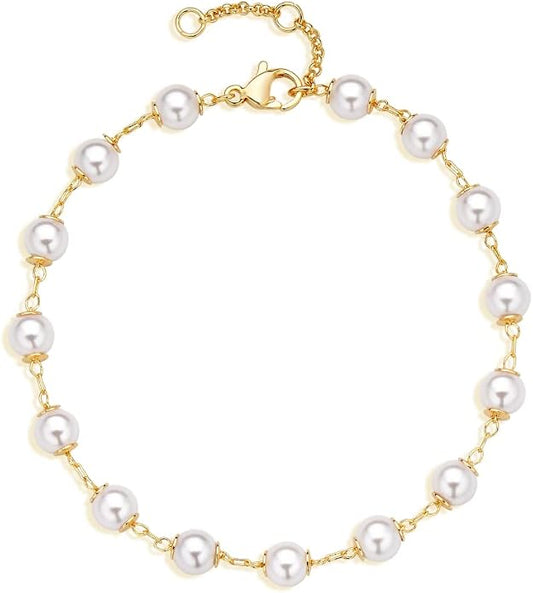 Dremmy Studios Gold Bracelet for Women 18K Gold Plated Dainty Paperclip Cubic Zirconia Disc Coin Star Cable Satellite Bead Pearl Simple Boho Minimalist Stacking Layered Link Jewelry Gift