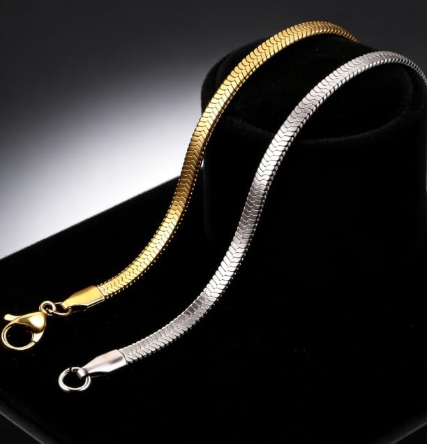 Gold Herringbone Necklace For Women - Rope Chork,Flat Snake Chain Necklaces in 18K Gold & White Gold Plated Tone - Simple Daily Jewelry-Tarnish Free-16-18in