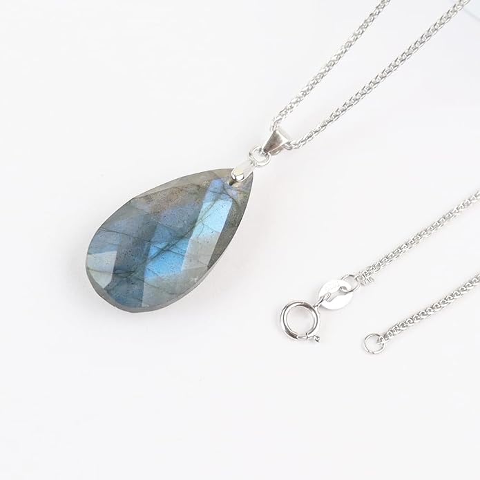 iSTONE 925 Sterling Silver Natural Crytral for Womens Pendant Necklace, Gemstone Birthstone with 17.8" Silver Chain Ladies