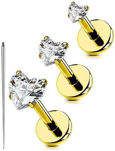 OUFER 18G 6/7/8MM Flat Back Cartilage EarRings-3PCS Gold Titanium Extended Internally Threaded Lip Piercing 2/3/4MM Round Clear CZ Helix Piercing Jewelry