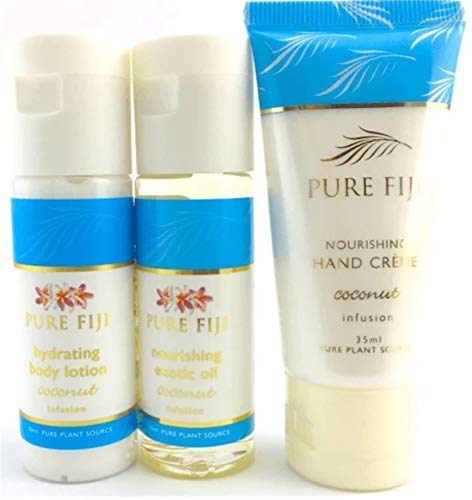 Pure Fiji Nourishing Trio, Ideal Spa Bath Gift Set for Women - Travel Kit - Includes Exotic Body Oil , Hydrating Body Lotion For Women and Nourishing Hand Cream, Coconut Scent