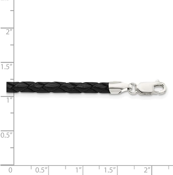 925 Sterling Silver 4mm Black Cord Leather Braided Necklace 16" to 20"