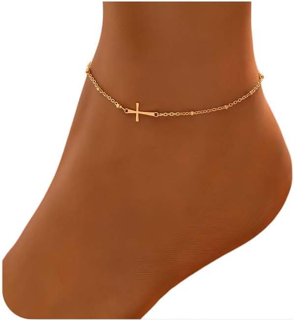 Dainty Ankle Bracelets for Women 18K Gold Plated Satellite Beaded Herringbone Lip Chain Anklets Simple Minimalist Summer Beach Foot Jewelry Christmas Gifts