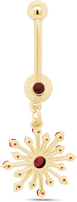 AFFY Snowflake Belly Button Ring for Women Simulated Birthstone, Round Cut Gemstone in 14K Gold Over 925 Sterling Silver, Navel Barbell Piercing Jewelry for Her