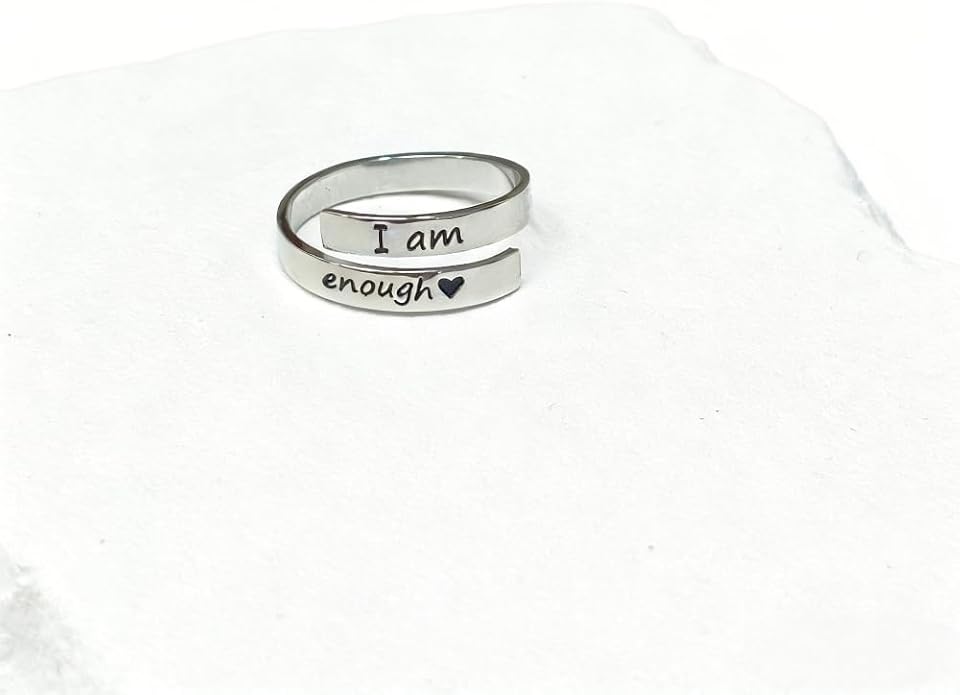 I Am Enough Ring For Women, Self Love Silver Open Band Gold Rings Card Engraved Motivation Stackable Inspirational Neighbor Bestie Friendship Jewelry