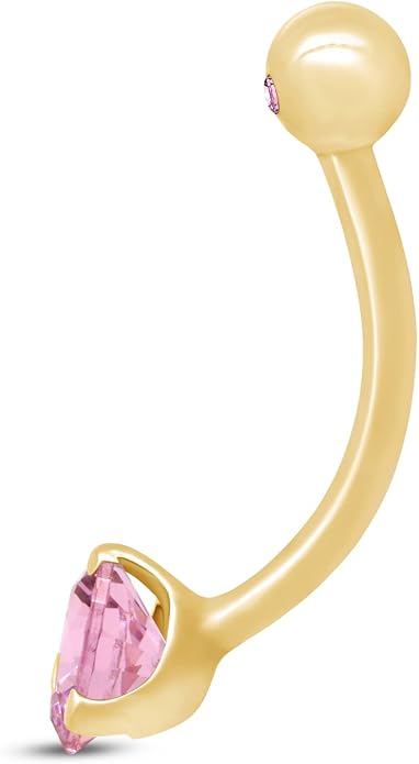 AFFY Internally Threaded Belly Button Navel Ring for Women, Three-Prong Round Simulated Birthstone in 14K Gold Over 925 Sterling Silver, Body Piercing Jewelry Gift