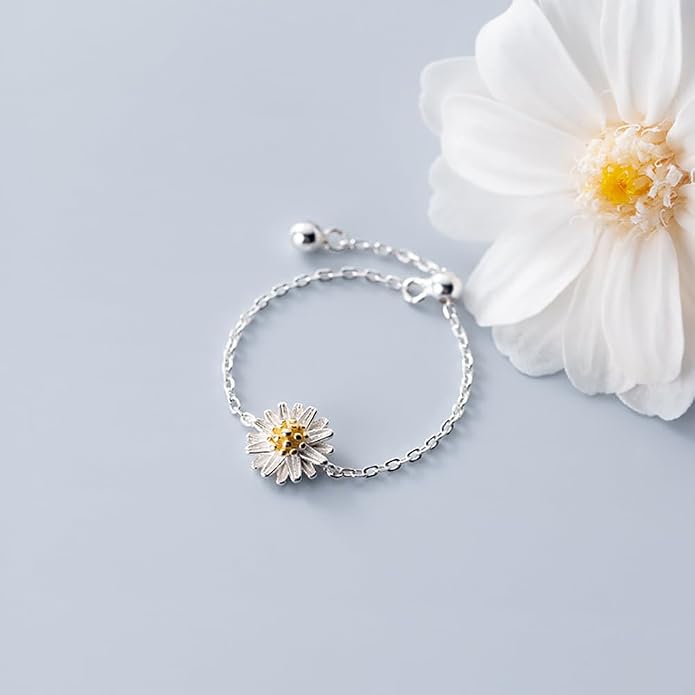Cute Daisy Flower Chain Tassel Ring for Women 925 Sterling Silver Floral Link Tiny Bead Ball Dangle Adjustable Stacking Statement Finger Bands Promise Eternity Rings Dainty Birthday Jewelry Gifts for Mom