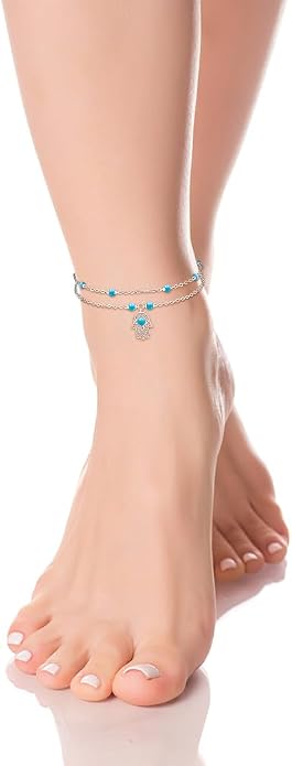 Anklets for Women S925 Sterling Silver Hand of Fatima Charm Dainty Evil Eye Hamsa Hand Anklet Adjustable Layered Bracelet Turquoise Jewelry Mothers Day Gifts for Mom