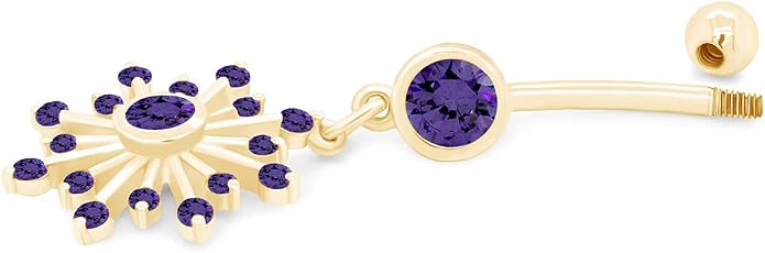 AFFY Snowflake Belly Button Ring for Women Simulated Birthstone, Round Cut Gemstone in 14K Gold Over 925 Sterling Silver, Navel Barbell Piercing Jewelry for Her