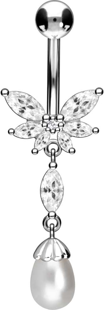 PIERCINGLINE surgical steel dangle belly button piercing with butterfly + synthetic pearl - belly button ring surgical steel, gold, silver, rosegold piercing - new version with improved durability
