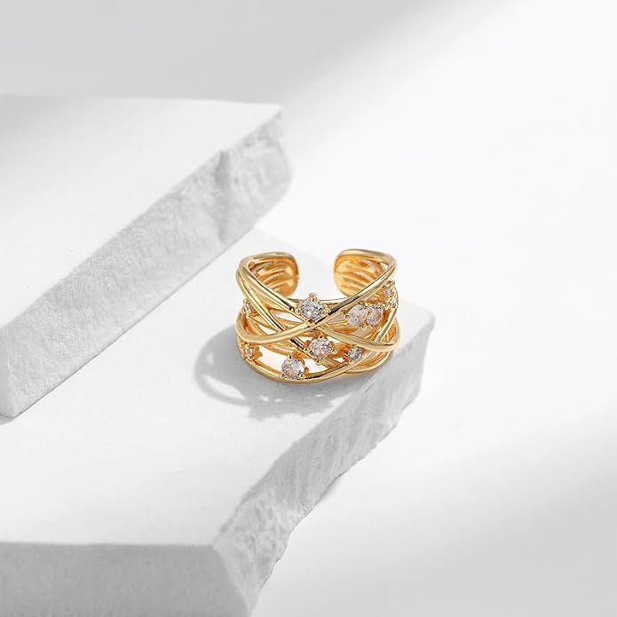 18K Gold Plated Rings for Women and Teen Girls Non Tarnish Cubic Zirconia Fidget Ring Butterfly/Snake/Mesh/Cross/Crown Knuckle Ring Open Adjustable Statement Stacking Chunky Rings