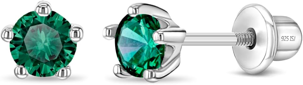 In Season Jewelry Solitaire Simulated Birthstone Kids Earrings - 925 Sterling Silver Hypoallergenic Earrings for Girls with Secure Screw Backs - Safe & Comfortable for Kids & Little Girls