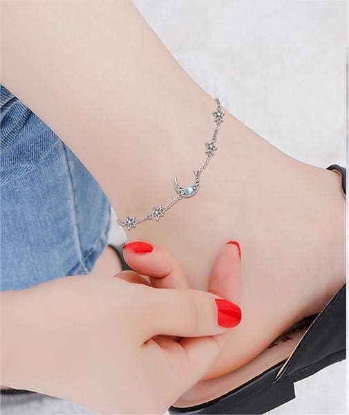 CRMAD Moonstone Moon/Star/Daisy/Turquoise/Rose Flower/Cat/Star/Hecate/Airplane/Pearl/Chakra/Rose Pearl/Butterfly/Wave/Starfish Anklet for Women Sterling Silver Anklet Irish Jewelry
