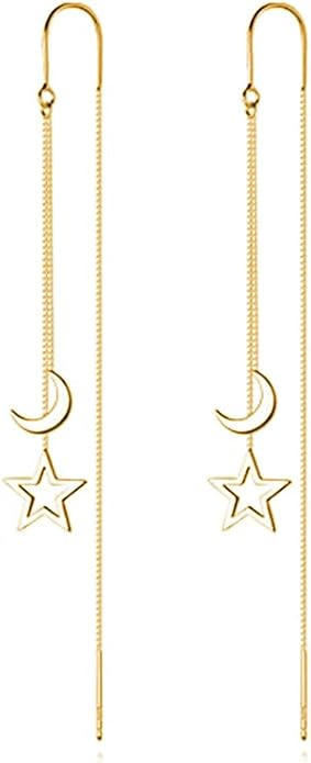 Reffeer Solid 925 Sterling Silver Moon Star Threader Dangle Earrings Chain for Women Teens Long Dangle Earrings Tassel Chain