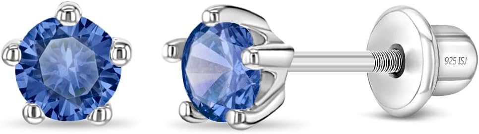 In Season Jewelry Solitaire Simulated Birthstone Kids Earrings - 925 Sterling Silver Hypoallergenic Earrings for Girls with Secure Screw Backs - Safe & Comfortable for Kids & Little Girls