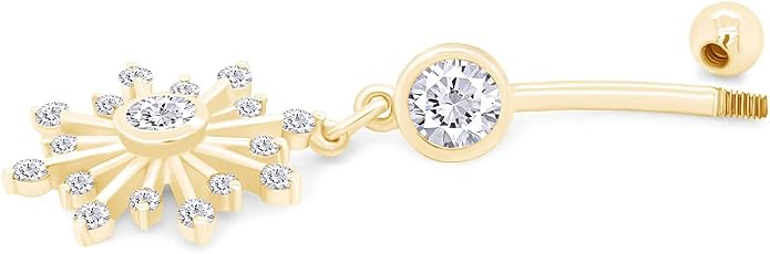 AFFY Snowflake Belly Button Ring for Women Simulated Birthstone, Round Cut Gemstone in 14K Gold Over 925 Sterling Silver, Navel Barbell Piercing Jewelry for Her